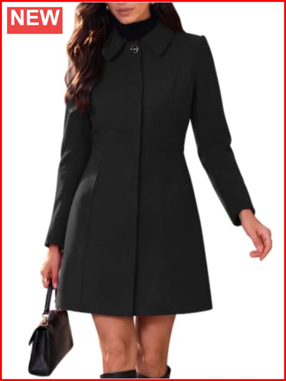 Womens Winter Pea Coat Elegant A-Line Fitted Midi Overcoat Polyester
